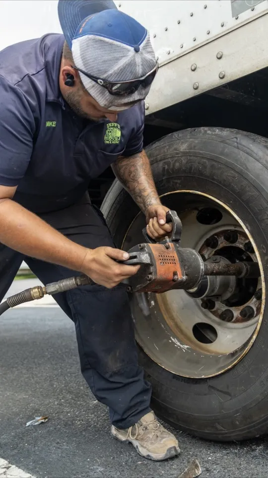 JTR technician using an impact wrench on a commercial trailer wheel